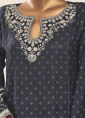 3 Piece Embroidred Stitched Charcoal Color Cotton Frock with Trouser & Dupatta