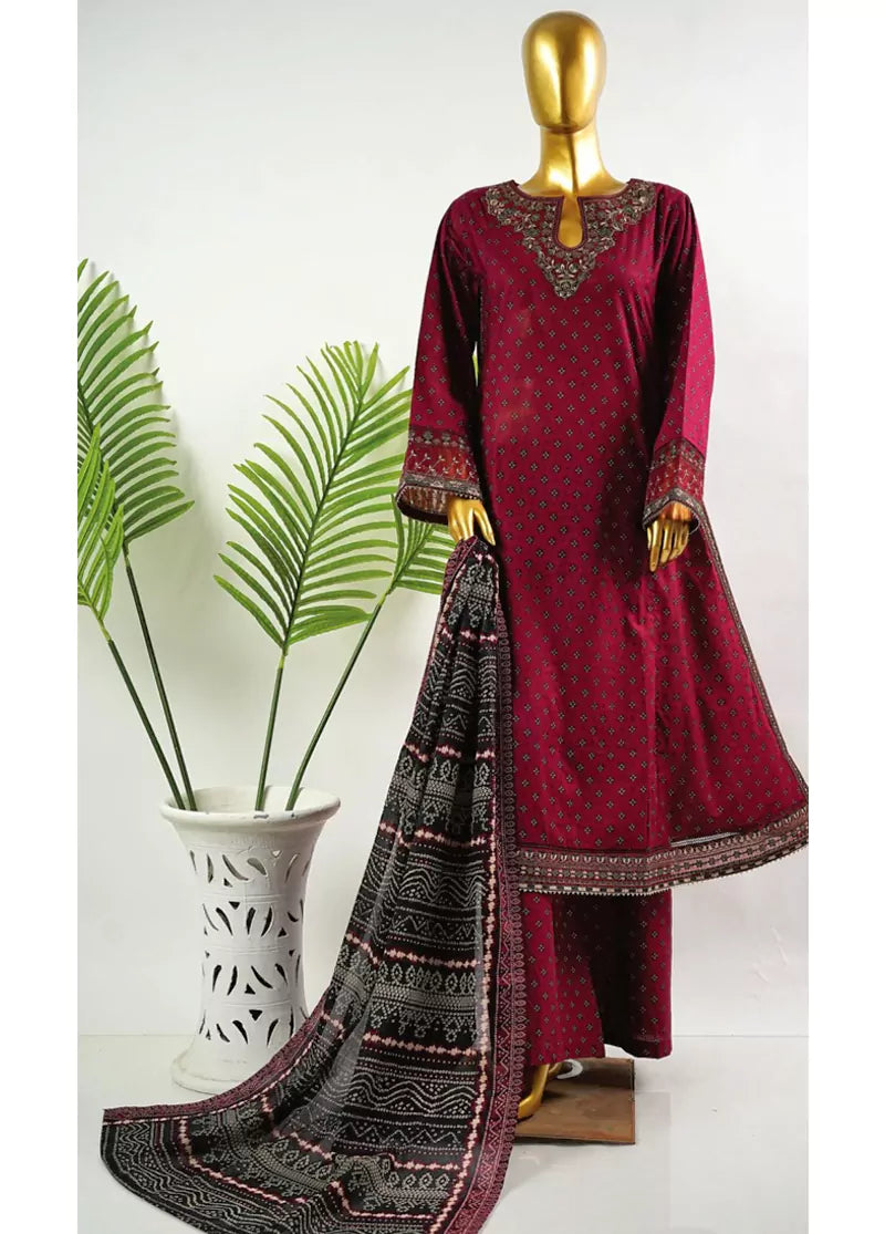 3 Piece Embroidred Stitched Maroon Color Cotton Frock with Trouser & Dupatta