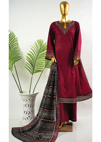 3 Piece Embroidred Stitched Maroon Color Cotton Frock with Trouser & Dupatta