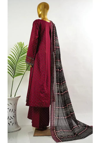 3 Piece Embroidred Stitched Maroon Color Cotton Frock with Trouser & Dupatta