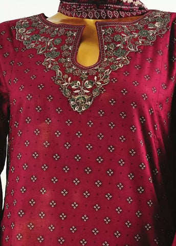 3 Piece Embroidred Stitched Maroon Color Cotton Frock with Trouser & Dupatta