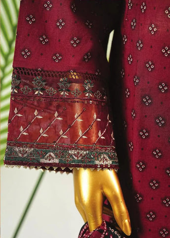 3 Piece Embroidred Stitched Maroon Color Cotton Frock with Trouser & Dupatta