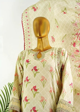 3 Piece Embroidred Stitched Pista Green Color Cotton Frock with Trouser & Dupatta