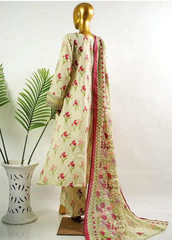 3 Piece Embroidred Stitched Pista Green Color Cotton Frock with Trouser & Dupatta