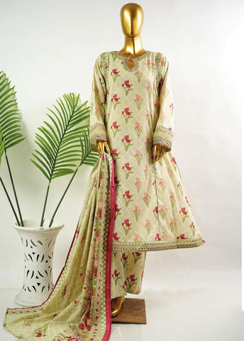 3 Piece Embroidred Stitched Pista Green Color Cotton Frock with Trouser & Dupatta