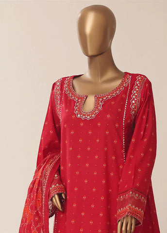 3 Piece Embroidred Stitched Red Color Cotton Frock with Trouser & Dupatta
