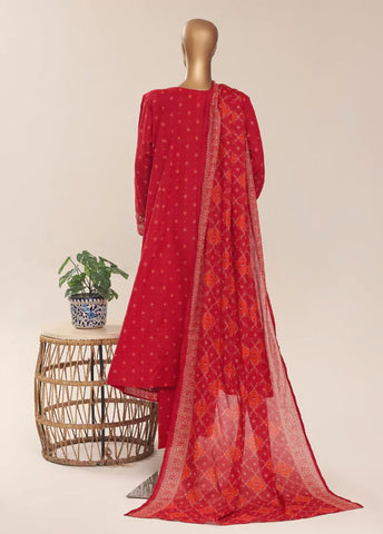 3 Piece Embroidred Stitched Red Color Cotton Frock with Trouser & Dupatta