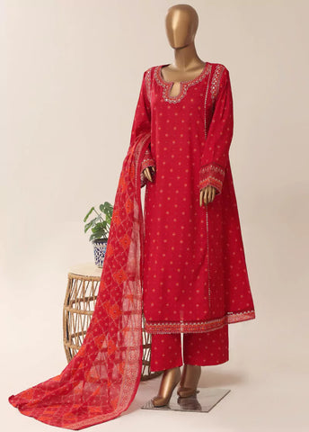 3 Piece Embroidred Stitched Red Color Cotton Frock with Trouser & Dupatta
