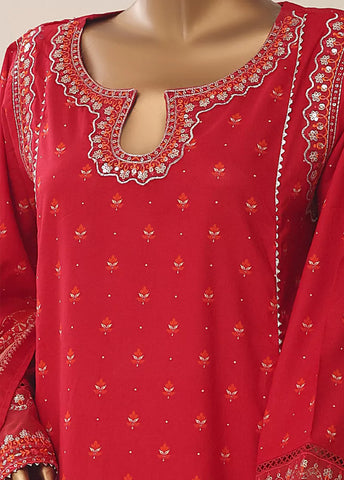 3 Piece Embroidred Stitched Red Color Cotton Frock with Trouser & Dupatta