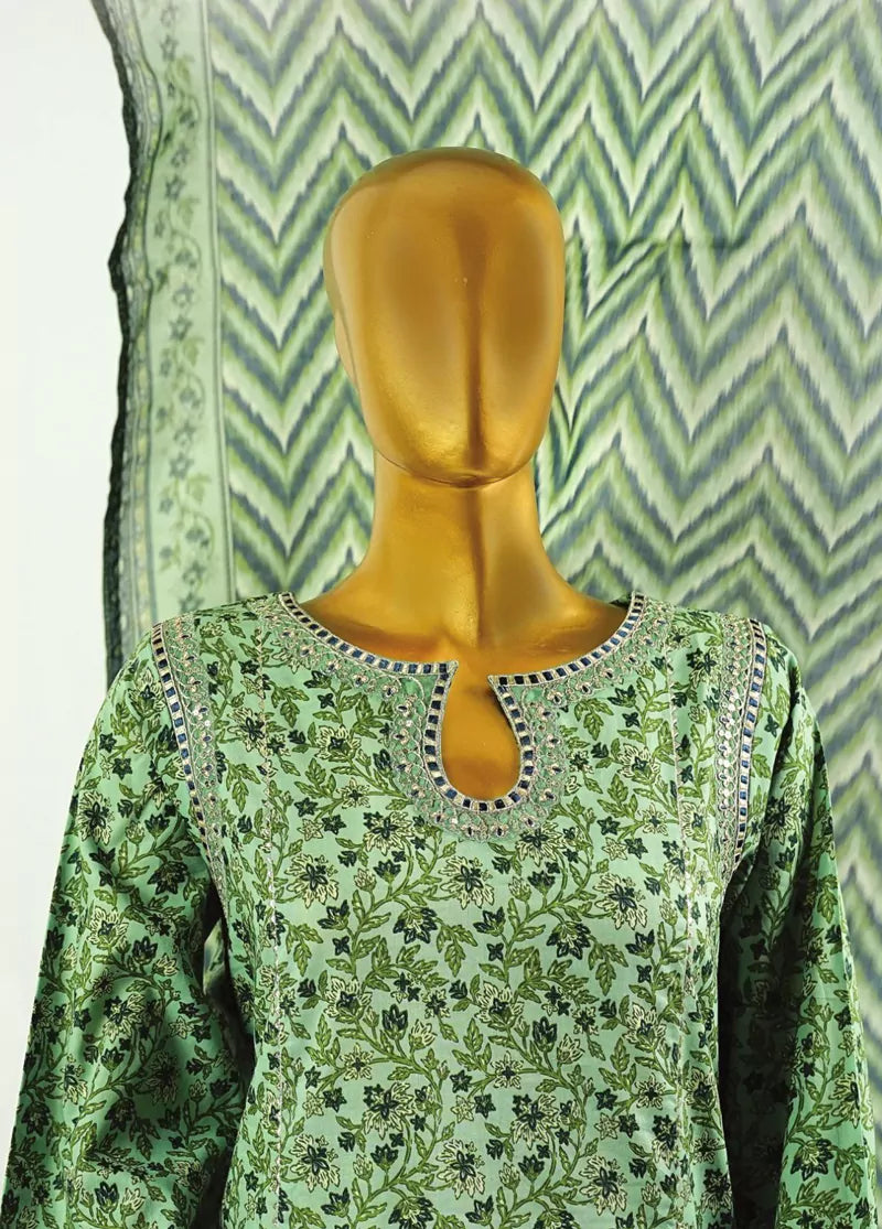 3 Piece Embroidred Stitched Green Color Cotton Frock with Trouser & Dupatta