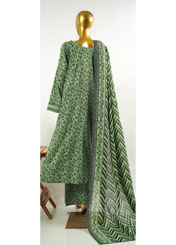 3 Piece Embroidred Stitched Green Color Cotton Frock with Trouser & Dupatta