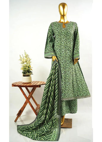 3 Piece Embroidred Stitched Green Color Cotton Frock with Trouser & Dupatta