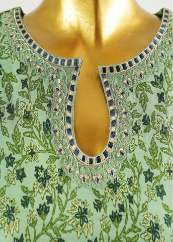 3 Piece Embroidred Stitched Green Color Cotton Frock with Trouser & Dupatta