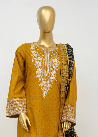 3 Piece Embroidred Stitched Honey Orange Color Lawn Suit with Trouser & Dupatta