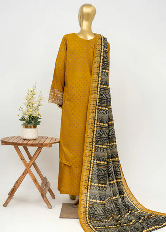 3 Piece Embroidred Stitched Honey Orange Color Lawn Suit with Trouser & Dupatta