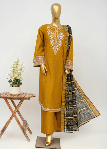 3 Piece Embroidred Stitched Honey Orange Color Lawn Suit with Trouser & Dupatta