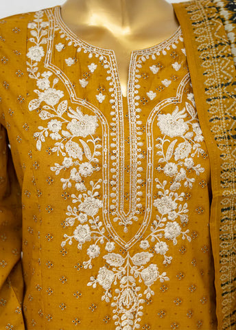 3 Piece Embroidred Stitched Honey Orange Color Lawn Suit with Trouser & Dupatta