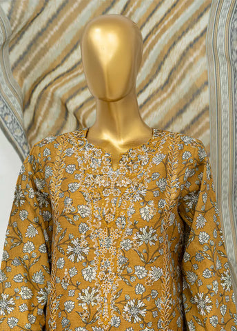 3 Piece Embroidred Stitched Mustard Color Lawn Suit with Trouser & Dupatta
