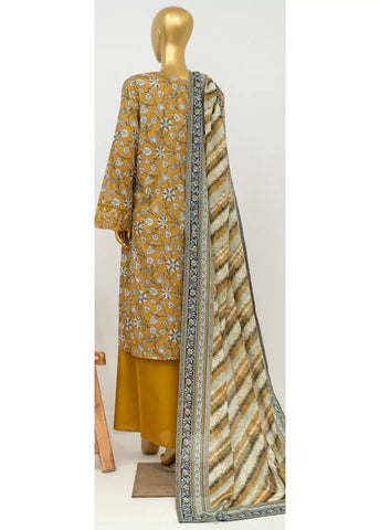 3 Piece Embroidred Stitched Mustard Color Lawn Suit with Trouser & Dupatta
