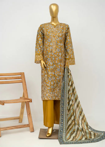 3 Piece Embroidred Stitched Mustard Color Lawn Suit with Trouser & Dupatta