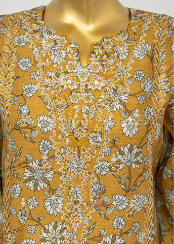 3 Piece Embroidred Stitched Mustard Color Lawn Suit with Trouser & Dupatta