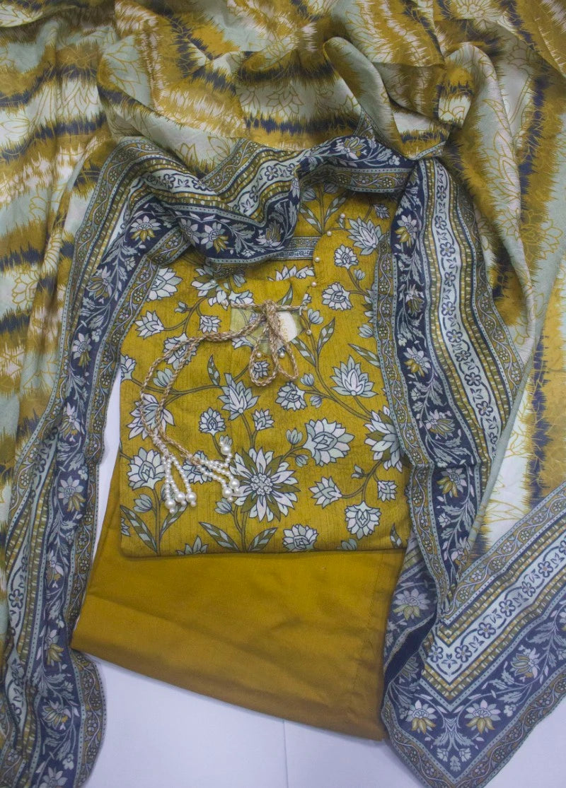 3 Piece Printed Stitched Mustard Color Lawn Shirt with Trouser & Dupatta