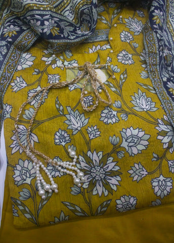 3 Piece Printed Stitched Mustard Color Lawn Shirt with Trouser & Dupatta