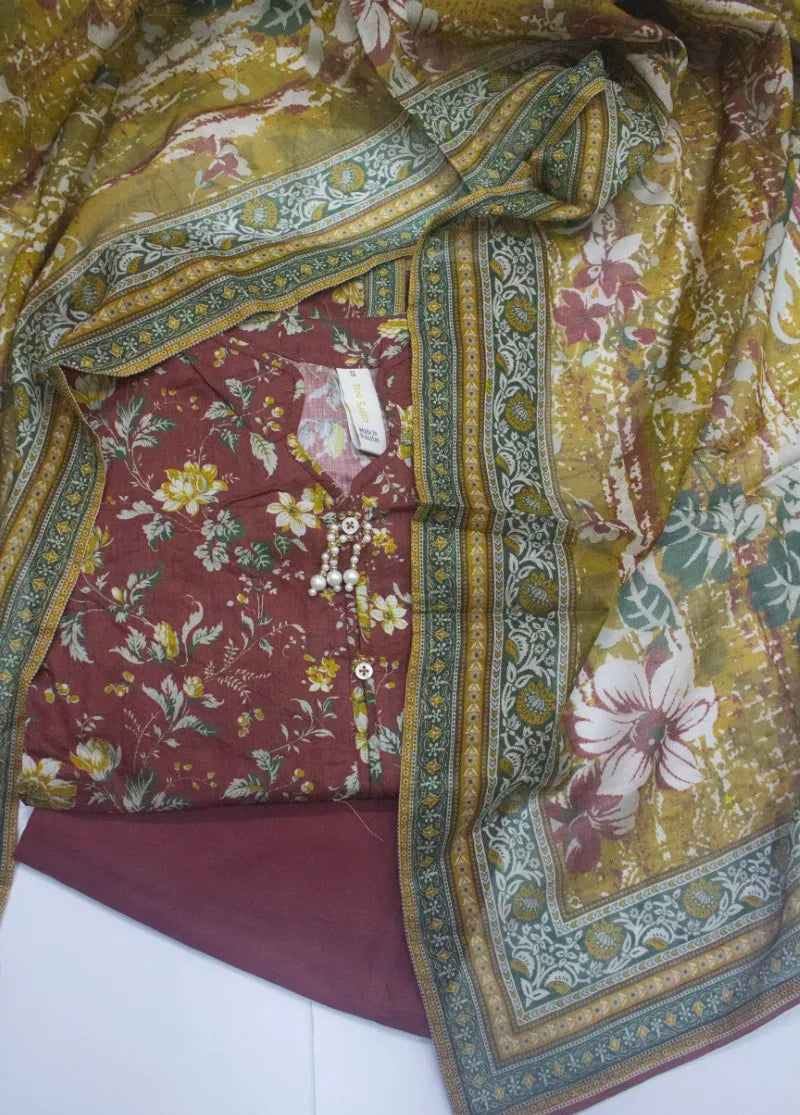 3 Piece Printed Stitched Maroon Color Lawn Shirt with Trouser & Dupatta