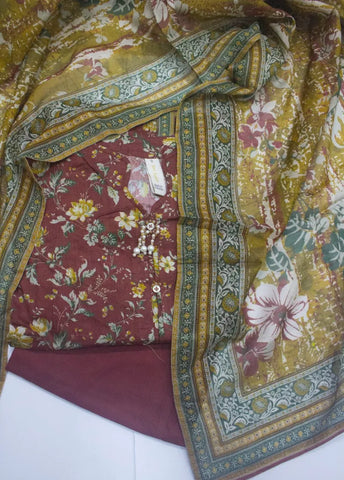 3 Piece Printed Stitched Maroon Color Lawn Shirt with Trouser & Dupatta