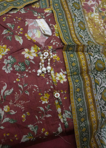 3 Piece Printed Stitched Maroon Color Lawn Shirt with Trouser & Dupatta