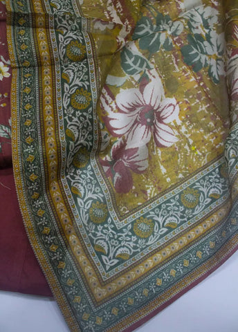 3 Piece Printed Stitched Maroon Color Lawn Shirt with Trouser & Dupatta