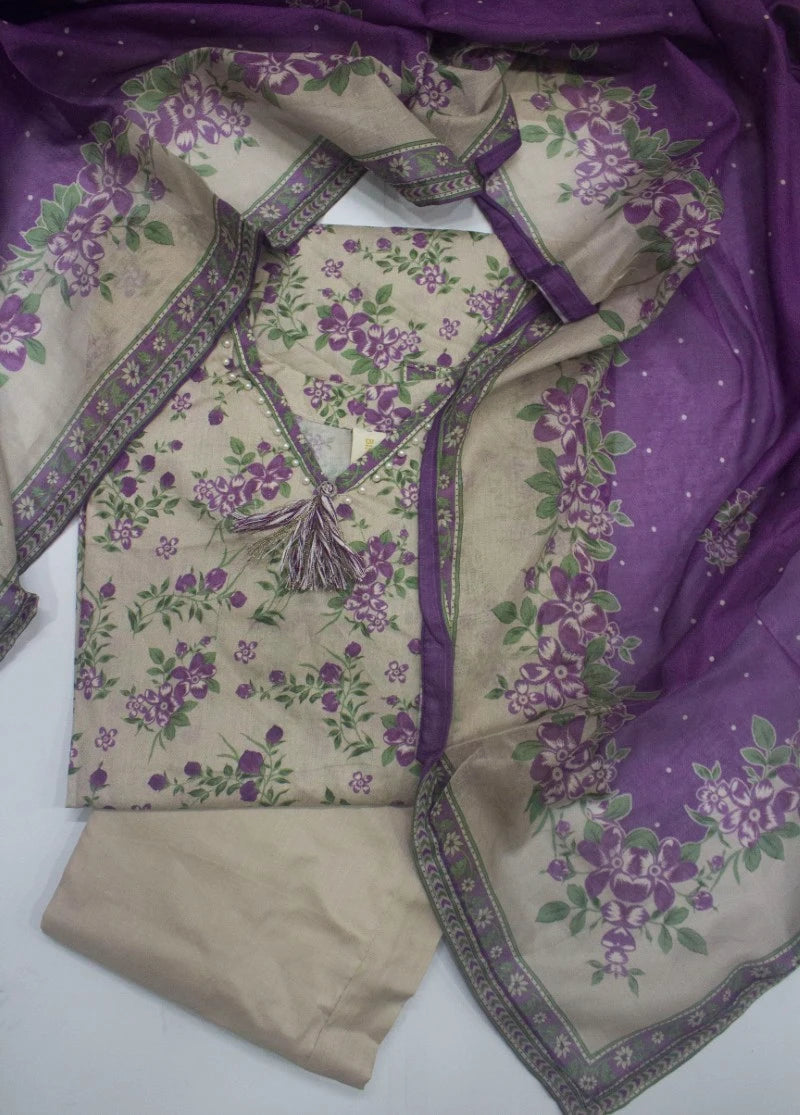 3 Piece Printed Stitched Beige Color Lawn Shirt with Trouser & Dupatta