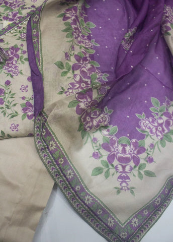 3 Piece Printed Stitched Beige Color Lawn Shirt with Trouser & Dupatta