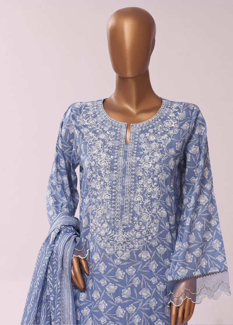 3 Piece Embroidred Stitched Lavender Color Cotton Suit with Trouser & Dupatta