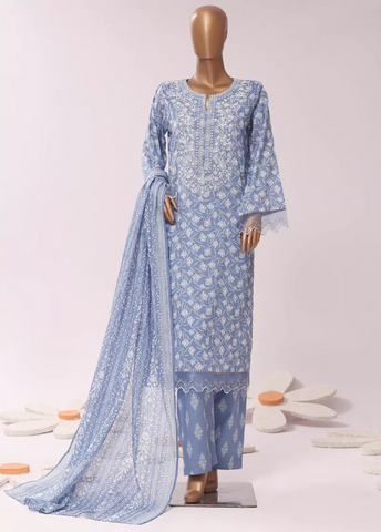 3 Piece Embroidred Stitched Lavender Color Cotton Suit with Trouser & Dupatta