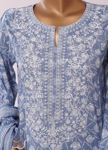 3 Piece Embroidred Stitched Lavender Color Cotton Suit with Trouser & Dupatta