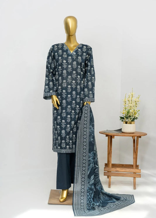 3 Piece Printed Stitched Navy Blue Color Lawn Shirt with Trouser & Dupatta