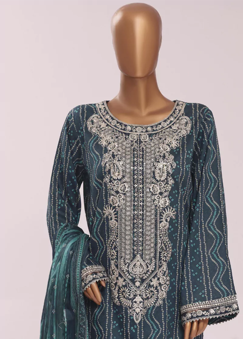 3 Piece Embroidred Stitched Teal Color Cotton Suit with Trouser & Dupatta