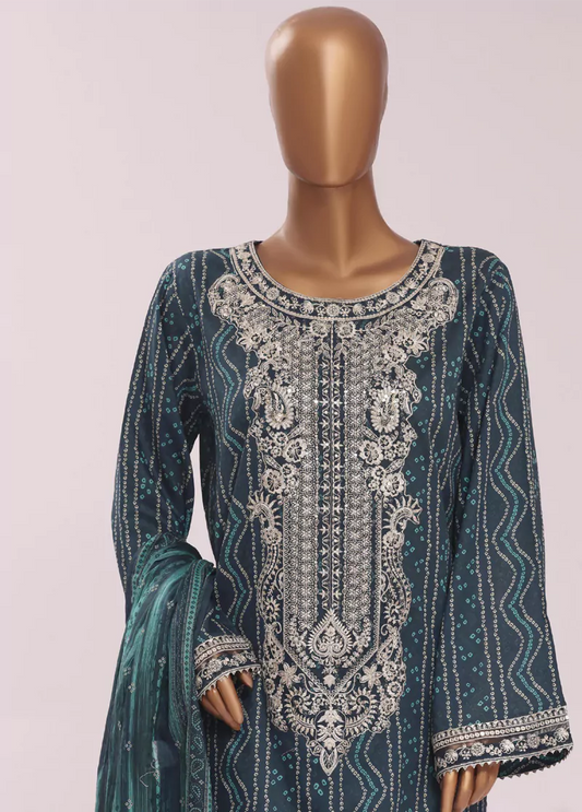 3 Piece Embroidred Stitched Teal Color Cotton Suit with Trouser & Dupatta