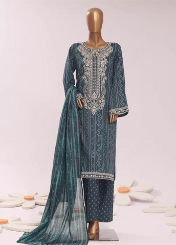 3 Piece Embroidred Stitched Teal Color Cotton Suit with Trouser & Dupatta