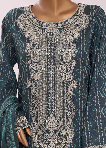 3 Piece Embroidred Stitched Teal Color Cotton Suit with Trouser & Dupatta