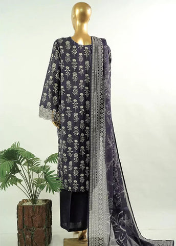 3 Piece Embroidred Stitched Purple Color Cotton Suit with Trouser & Dupatta