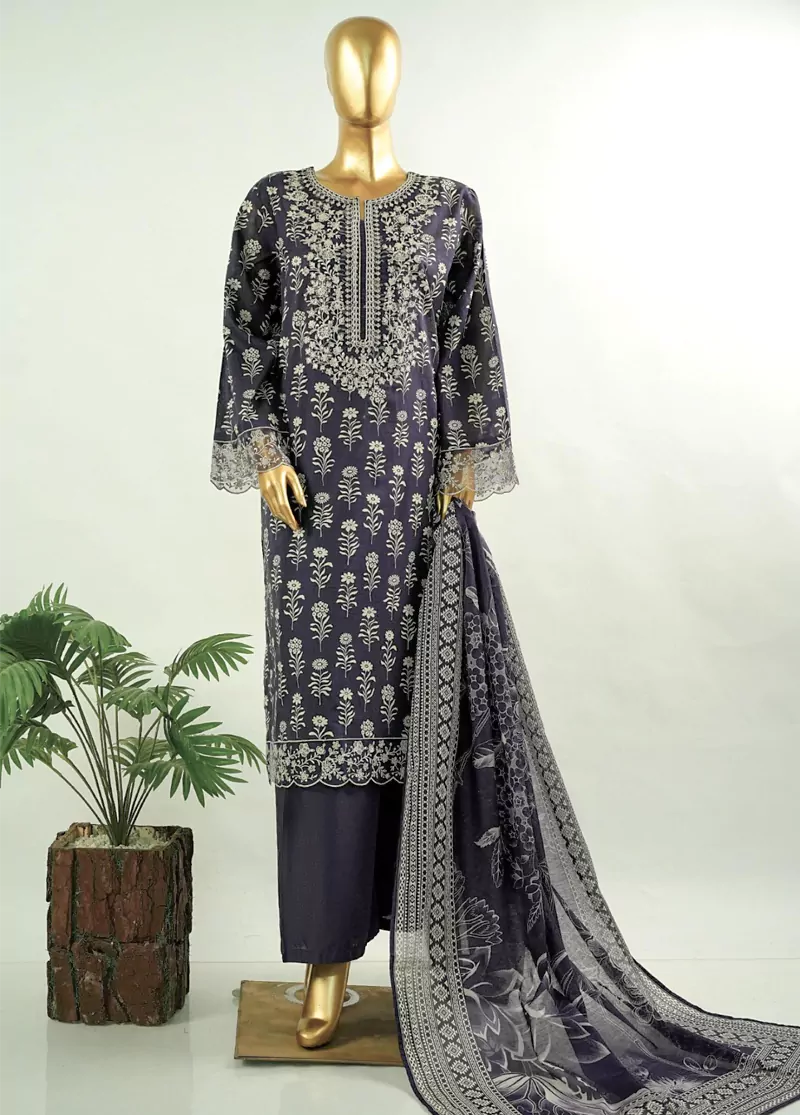 3 Piece Embroidred Stitched Purple Color Cotton Suit with Trouser & Dupatta