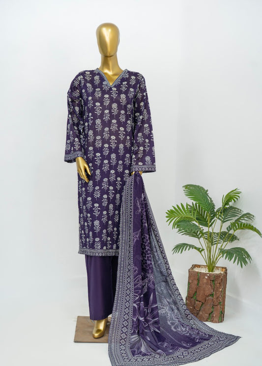 3 Piece Printed Stitched Purple Color Lawn Shirt with Trouser & Dupatta