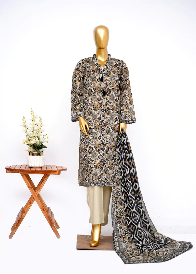 3 Piece Printed Stitched Brown Color Lawn Shirt with Trouser & Dupatta