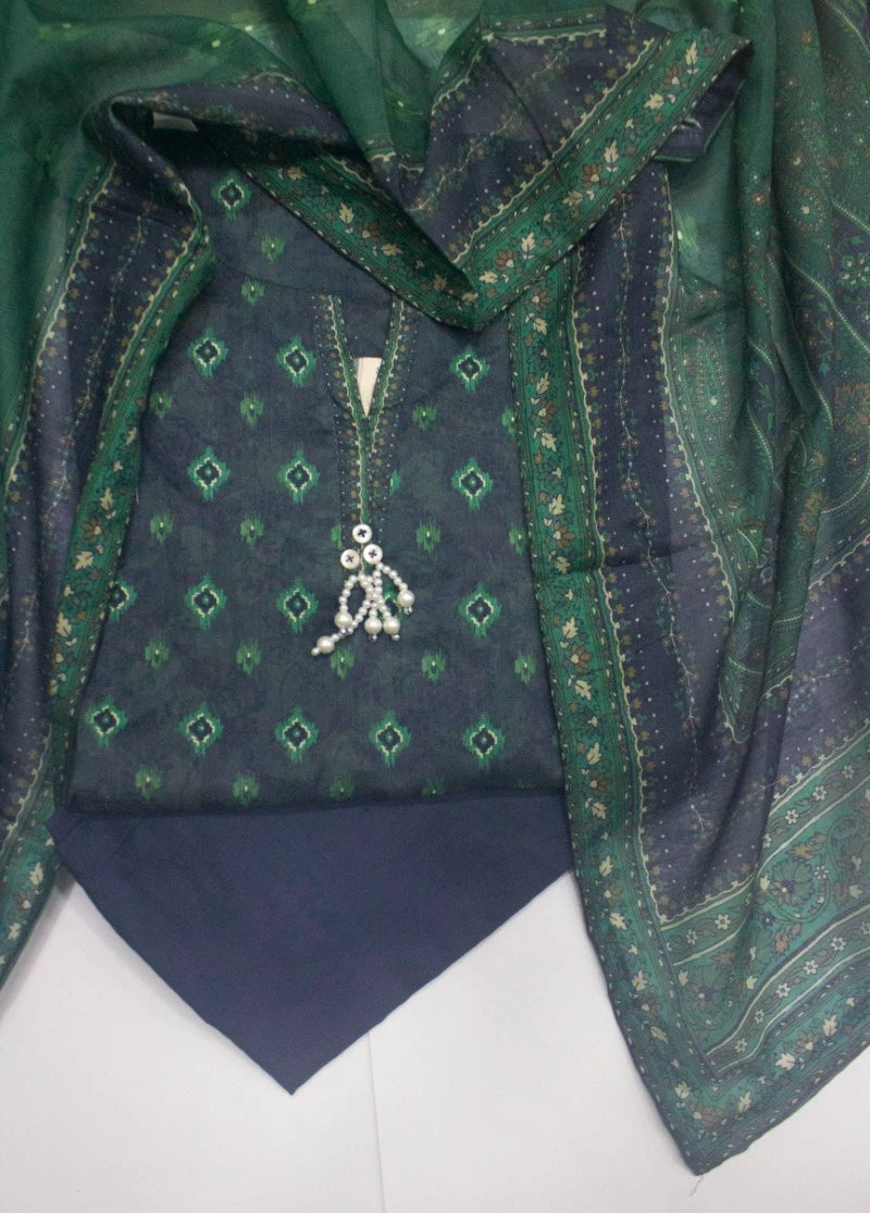 3 Piece Printed Stitched Navy Blue Color Lawn Shirt with Trouser & Dupatta