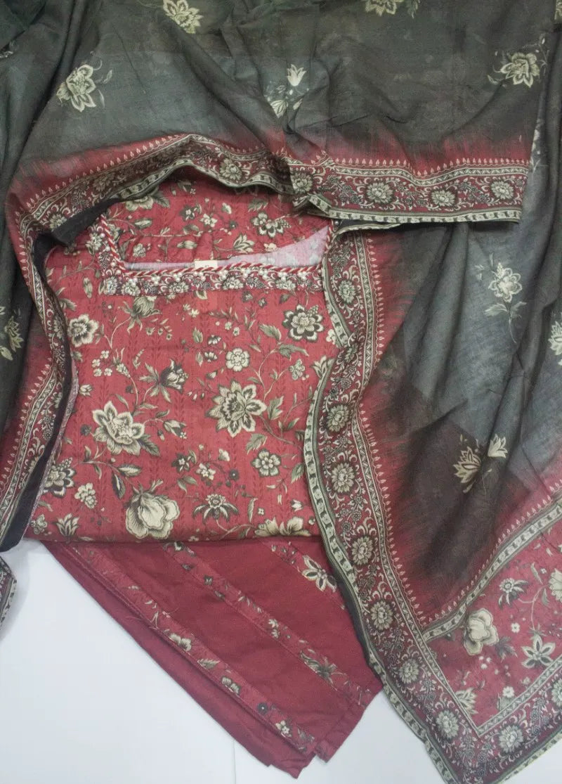 3 Piece Printed Stitched Watermelon Red Color Lawn Shirt with Farshi Shalwar & Dupatta