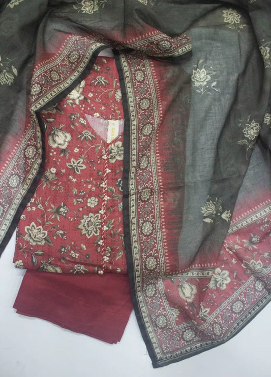 3 Piece Printed Stitched Watermelon Pink Color Lawn Shirt with Trouser & Dupatta