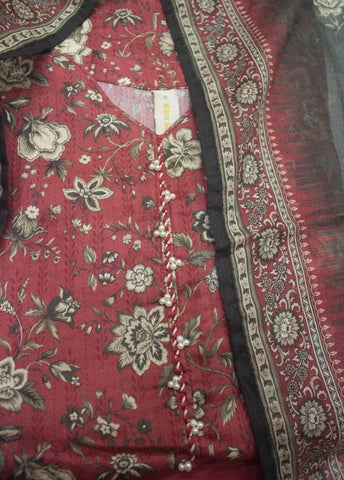 3 Piece Printed Stitched Watermelon Pink Color Lawn Shirt with Trouser & Dupatta