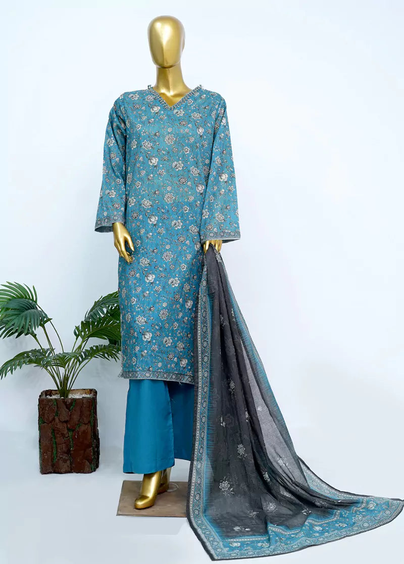 3 Piece Printed Stitched Blue Color Lawn Shirt with Trouser & Dupatta